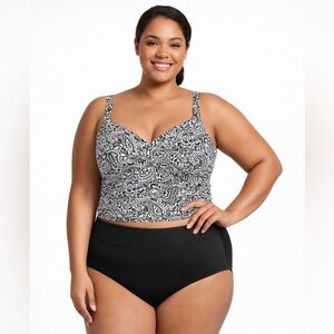 Lands’ End Plus Size Paisley Midkini Swim Top 20W + Black Swim Bottoms